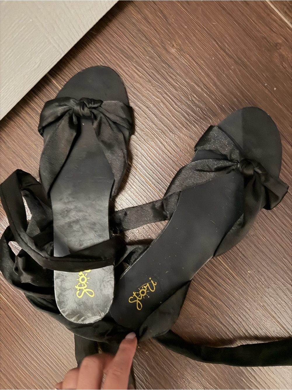 Stori Black Satin Lace-Up Flat Sandals
